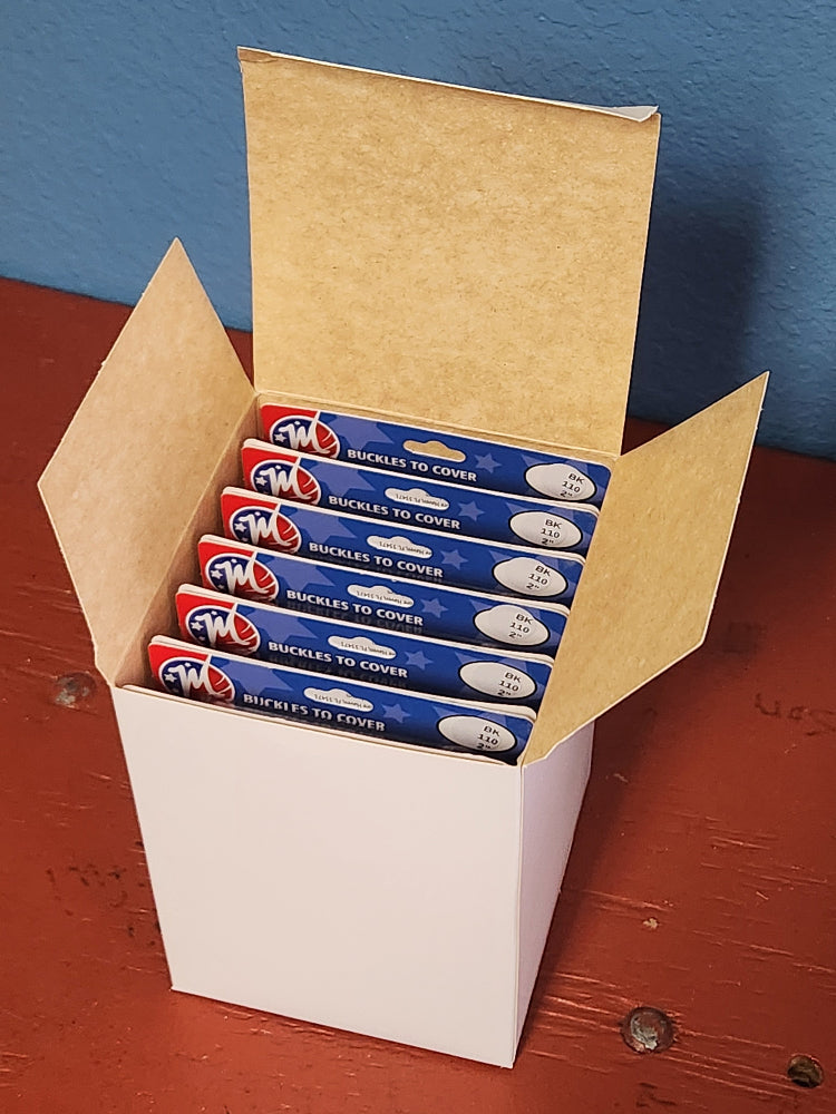 A box of 12 BK110 2-inch two-part aluminum buckles