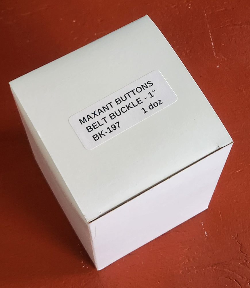 Box of one dozen 1 inch two-part aluminum cover buckles with templates and tongs
